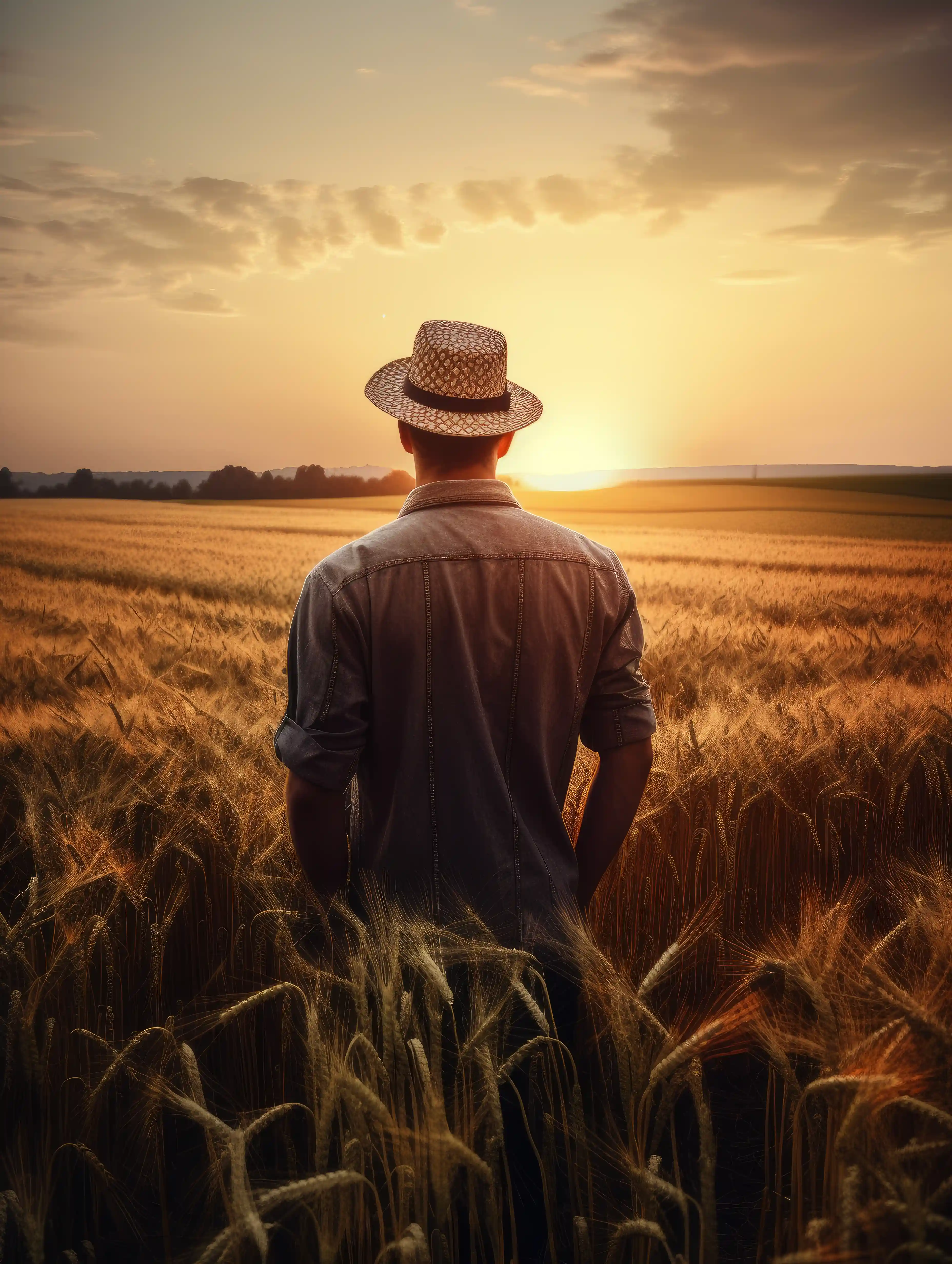 Agricultor no campo de trigo